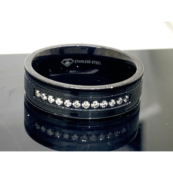 Men's Wedding Band Black Stainless Steel Diamond 7mm Wide Ring Size 8.25 - Picture 1 of 13